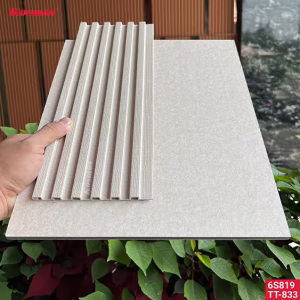 Tấm ốp và lam sóng than tre vân vải + bê tông vàng kem ánh kim 6S819 & TT-833